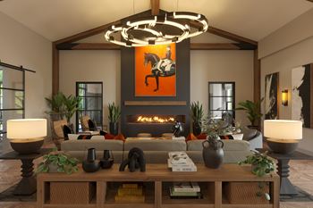 a rendering of a living room with a fireplace and a horse painting on the wall at Madison Prickett Preserve, Pennsylvania, 19067